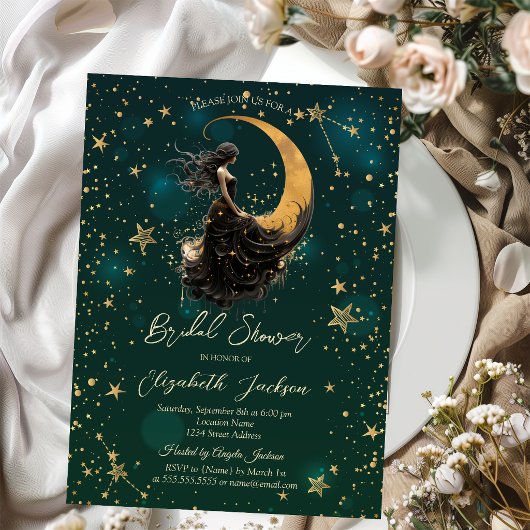 Invitation Lune Céleste, Fille Étoiles Lavage de Mariée Vert
