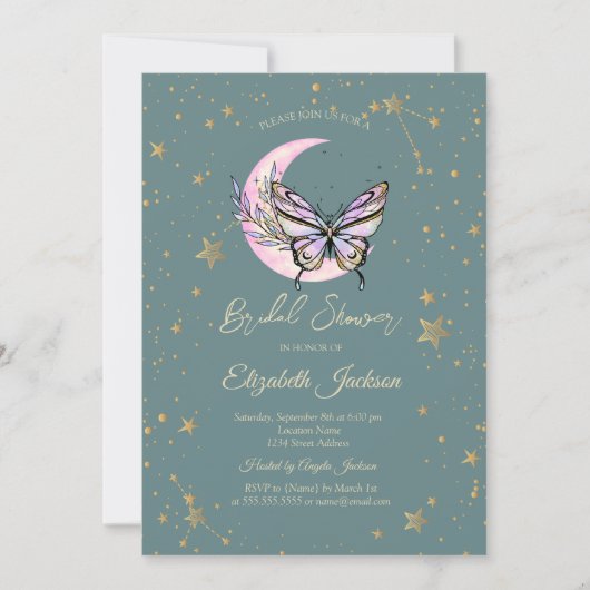 Invitation Lune céleste, papillons étoiles vertes pour une do (Devant)