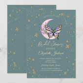 Invitation Lune céleste, papillons étoiles vertes pour une do (Devant / Derrière)
