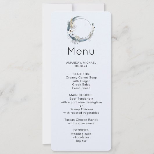 Invitation Lune Croissant Bleu avec Fleurs Blanches Menu (Devant)