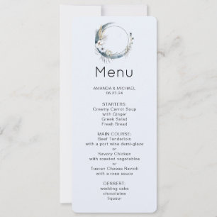 Invitation Lune Croissant Bleu avec Fleurs Blanches Menu