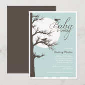 Invitation Lune d'arbre d'oiseau de brun bleu de baby shower (Devant / Derrière)