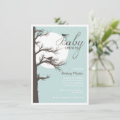 Invitation Lune d'arbre d'oiseau de brun bleu de baby shower (Debout devant)