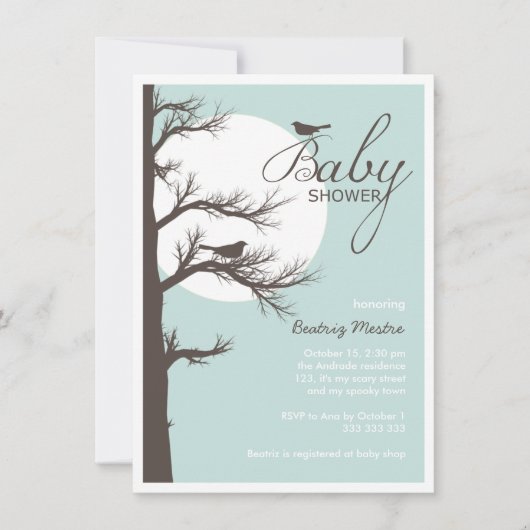 Invitation Lune d'arbre d'oiseau de brun bleu de baby shower (Devant)