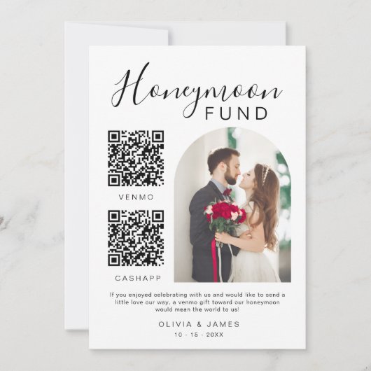 Invitation Lune de miel Mariage Signé QR Code Venmo & Cash (Devant)
