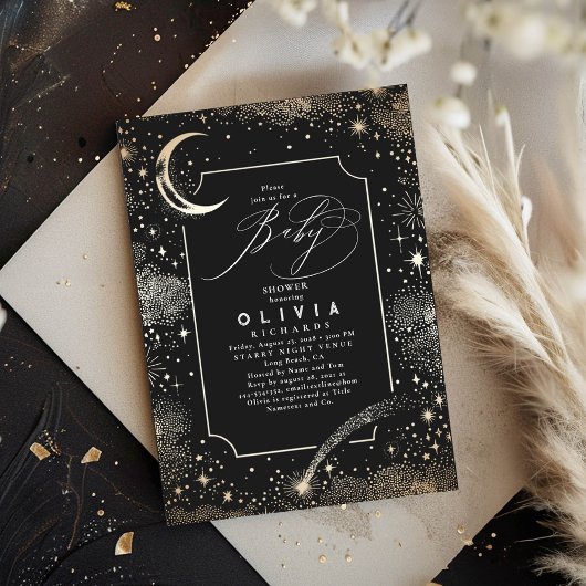 Invitation Lune de nuit étoilée Baby shower céleste mystique