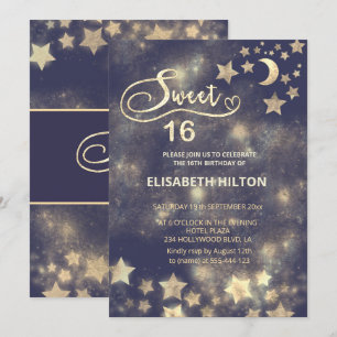 Invitation Lune d'or céleste et étoiles sweet sixteen