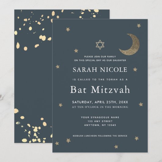 Invitation Lune d'or et étoiles Bat mitzvah bleu marine (Devant / Derrière)