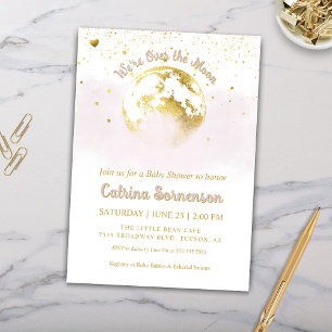 Invitation Lune d'or rose et étoiles Baby shower céleste