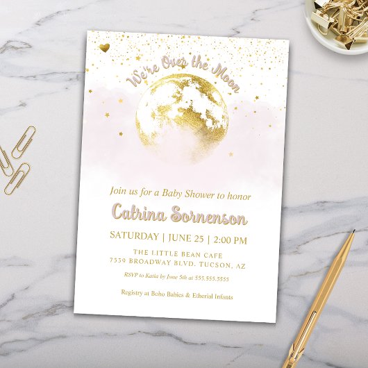 Invitation Lune d'or rose et étoiles Baby shower céleste
