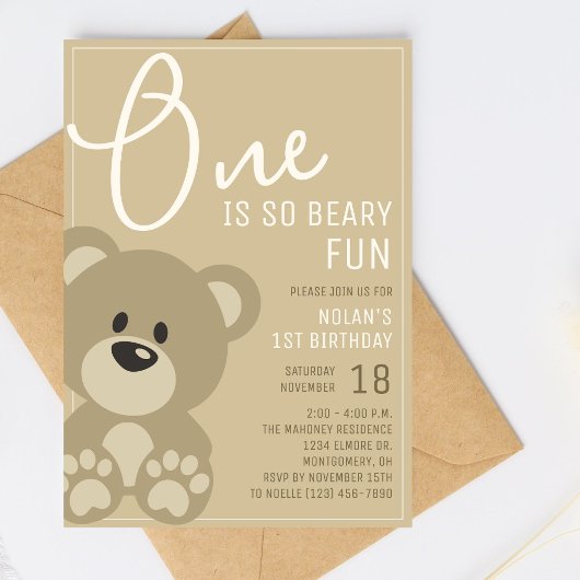 Invitation L'une est Beary Fun Neutral Ours 1er Anniversaire