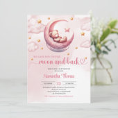 Invitation Lune et dos en peluche ours fille baby shower (Debout devant)