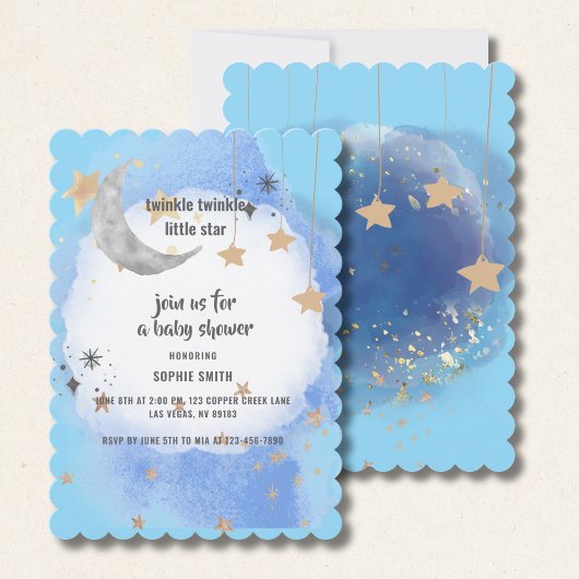 Invitation Lune Et Étoiles Aquarelle Bleu Foncé Abstrait