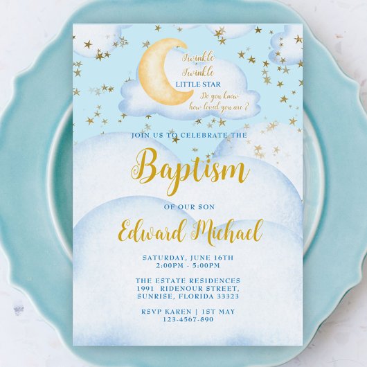 Invitation Lune et étoiles Baby Boy Baptism