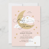 Invitation Lune et étoiles Baby shower de script rose élégant (Devant)