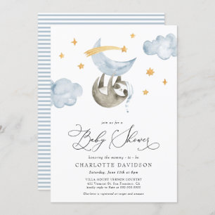 Invitation Lune et étoiles Bébé Animal Bleu Baby shower garço