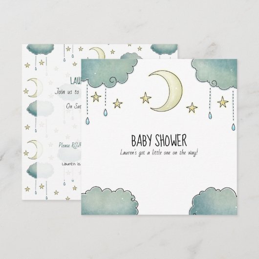 Invitation Lune et étoiles bébé douche (Devant / Derrière)
