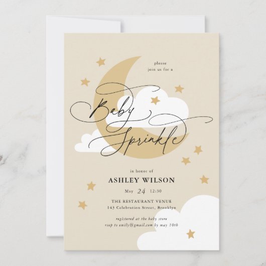 Invitation Lune et étoiles Beige Élégant Script Bébé Parsemer (Devant)