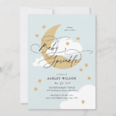 Invitation Lune et étoiles Bleu Élégant Script Bébé Parsemer (Devant)