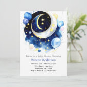 Invitation Lune et étoiles Celestial Blue Boy Baby shower (Debout devant)