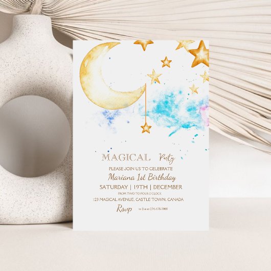 Invitation Lune et étoiles Fille 1er anniversaire