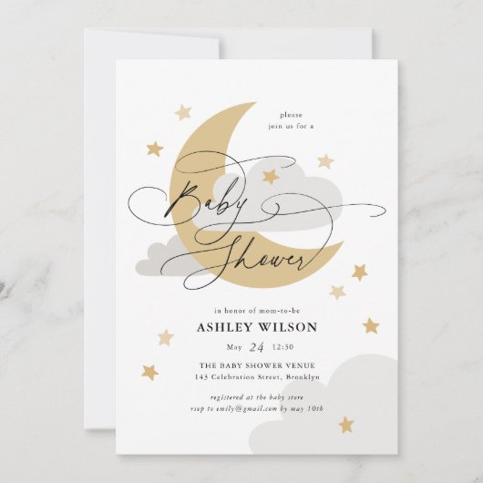 Invitation Lune et étoiles Matte Neutrals Script Baby shower (Devant)