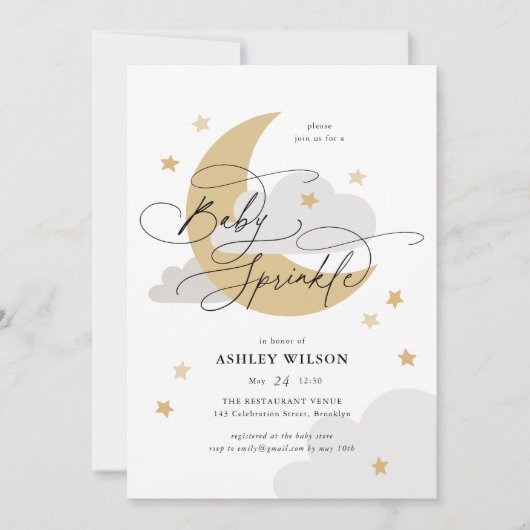 Invitation Lune et étoiles Matte Neutrals Script Baby Sprinke (Devant)