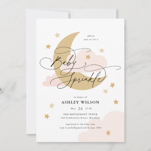 Invitation Lune et étoiles Matte Pink Script Baby Sprinking (Devant)