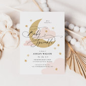 Invitation Lune et étoiles Matte Pink Script Baby Sprinking