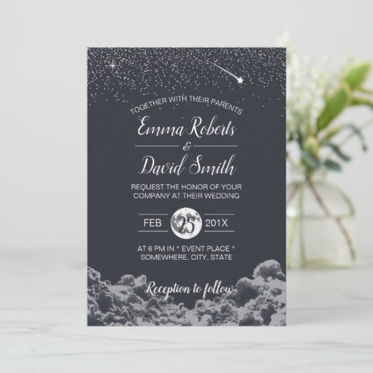 Invitation Lune et étoiles Nuit Mariage élégant (Debout devant)