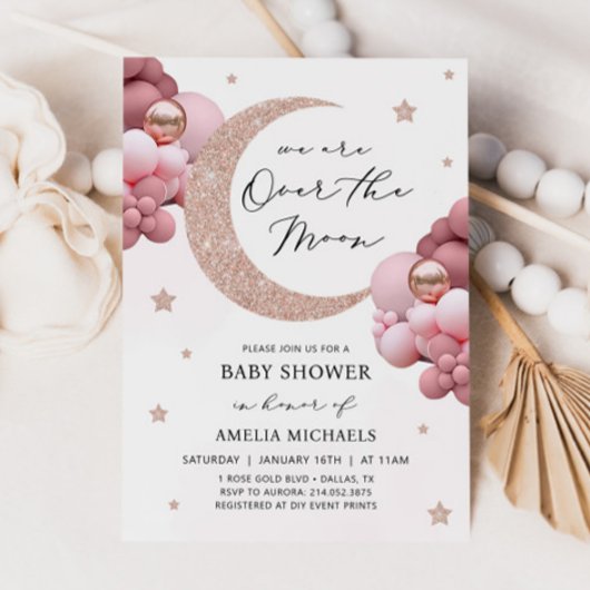 Invitation Lune Et Étoiles Rose Sur Le Baby shower Lune