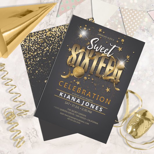 Invitation Lune et étoiles Sweet 16 Gold/Blk ID788
