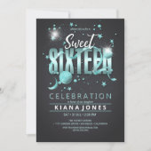Invitation Lune et étoiles Sweet 16 Turquoise/noir ID788 (Devant)