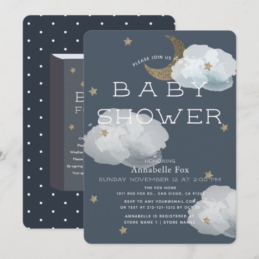 Invitation Lune, étoiles et nuages Baby shower de la Marine (Devant / Derrière)