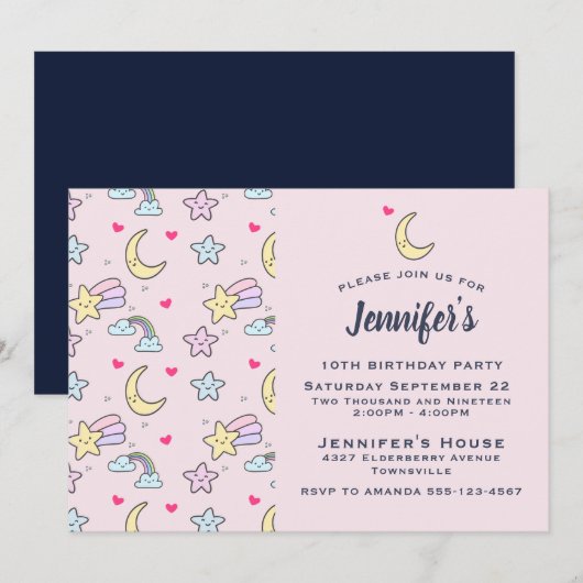 Invitation Lune, étoiles et nuages Motif à l'anniversaire ros (Devant / Derrière)