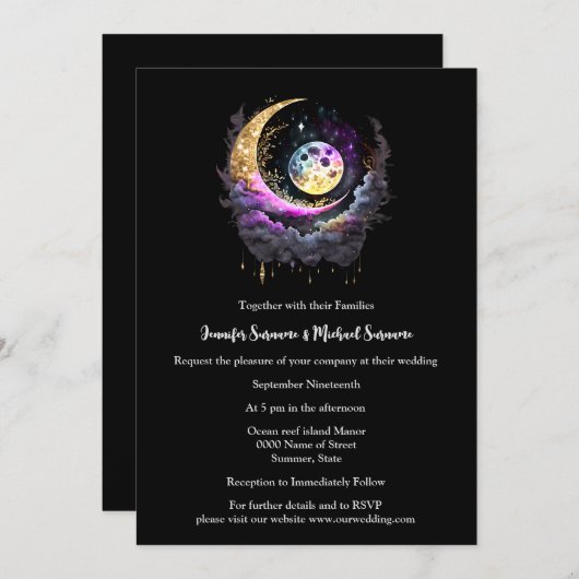 Invitation Lune étoiles étoile céleste nuit mythique (Devant / Derrière)