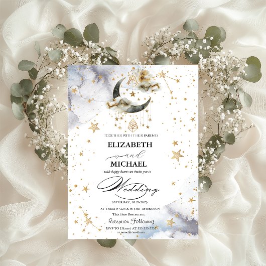 Invitation Lune étoiles or céleste