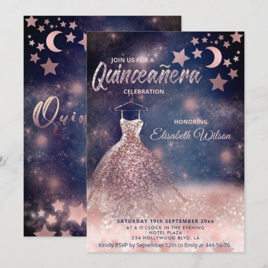 Invitation Lune & étoiles Rose or glitterie robe céleste (Devant / Derrière)