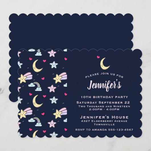 Invitation Lune fantaisiste, étoiles et nuages sur un anniver (Devant / Derrière)