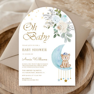 Invitation Lune florale bleue Ourson mignon en arche Baby Sho
