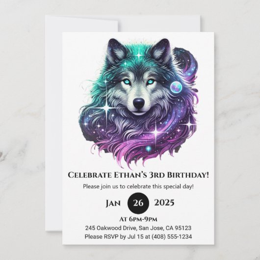 Invitation Lune Galaxy Wolf Anniversaire (Devant)