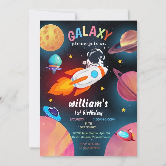 Invitation Lune Planète Alien Étoiles Galaxie spatiale 1er an (Devant)