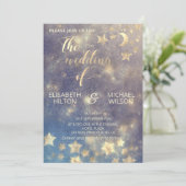 Invitation Lune romantique céleste et étoiles calligraphie or (Debout devant)