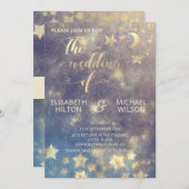 Invitation Lune romantique céleste et étoiles calligraphie or (Devant / Derrière)