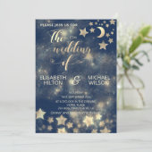 Invitation Lune romantique céleste et étoiles calligraphie or (Debout devant)
