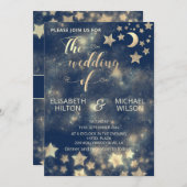 Invitation Lune romantique céleste et étoiles calligraphie or (Devant / Derrière)