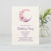 Invitation Lune rose Croissant avec de jolies fleurs Annivers (Debout devant)