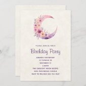 Invitation Lune rose Croissant avec de jolies fleurs Annivers (Devant / Derrière)