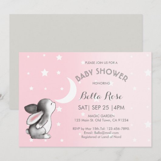 Invitation Lune rose Gris Étoiles Bunny Baby Shower Invitatio (Devant / Derrière)