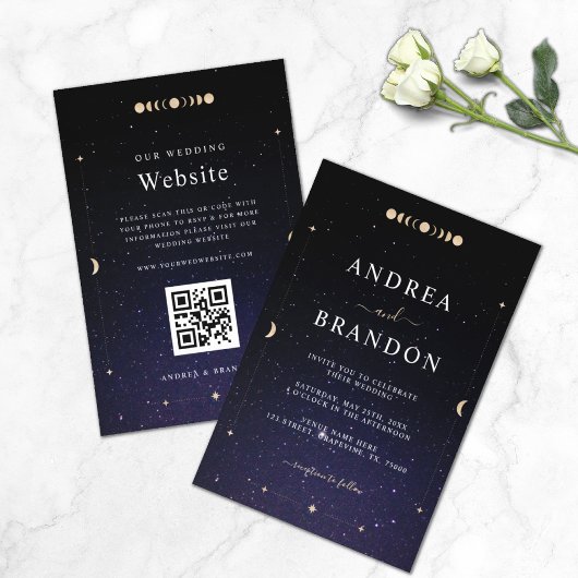 Invitation Lune Universe Céleste Or en un seul Mariage